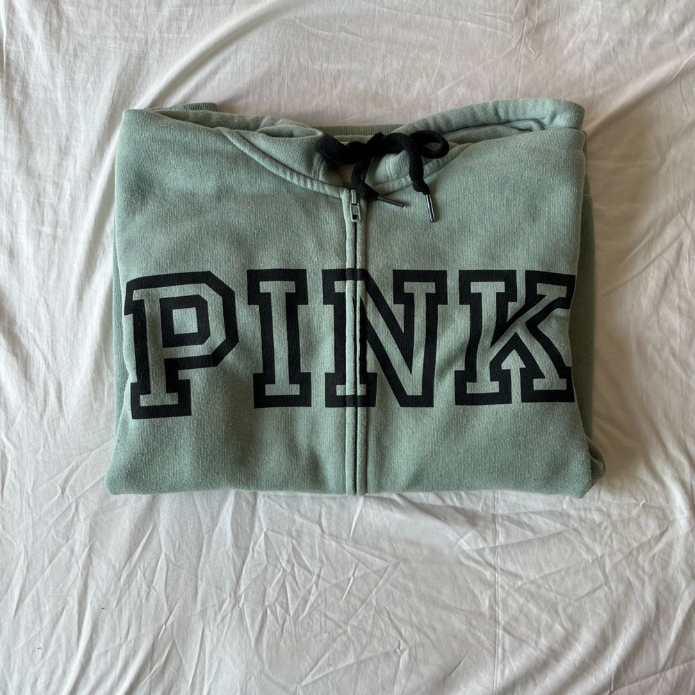 PINK Sage Green XL Zip Down Sweatshirt with Front Pockets